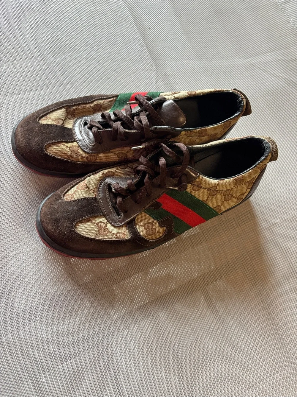 Gucci Brown leather & Beige GG Canvas Sneakers with Green and Red Stripe mns 10